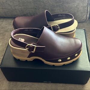 Sorel Burgundy Leather Slingback Clogs with Gold Buckles. Smoke free pet free
